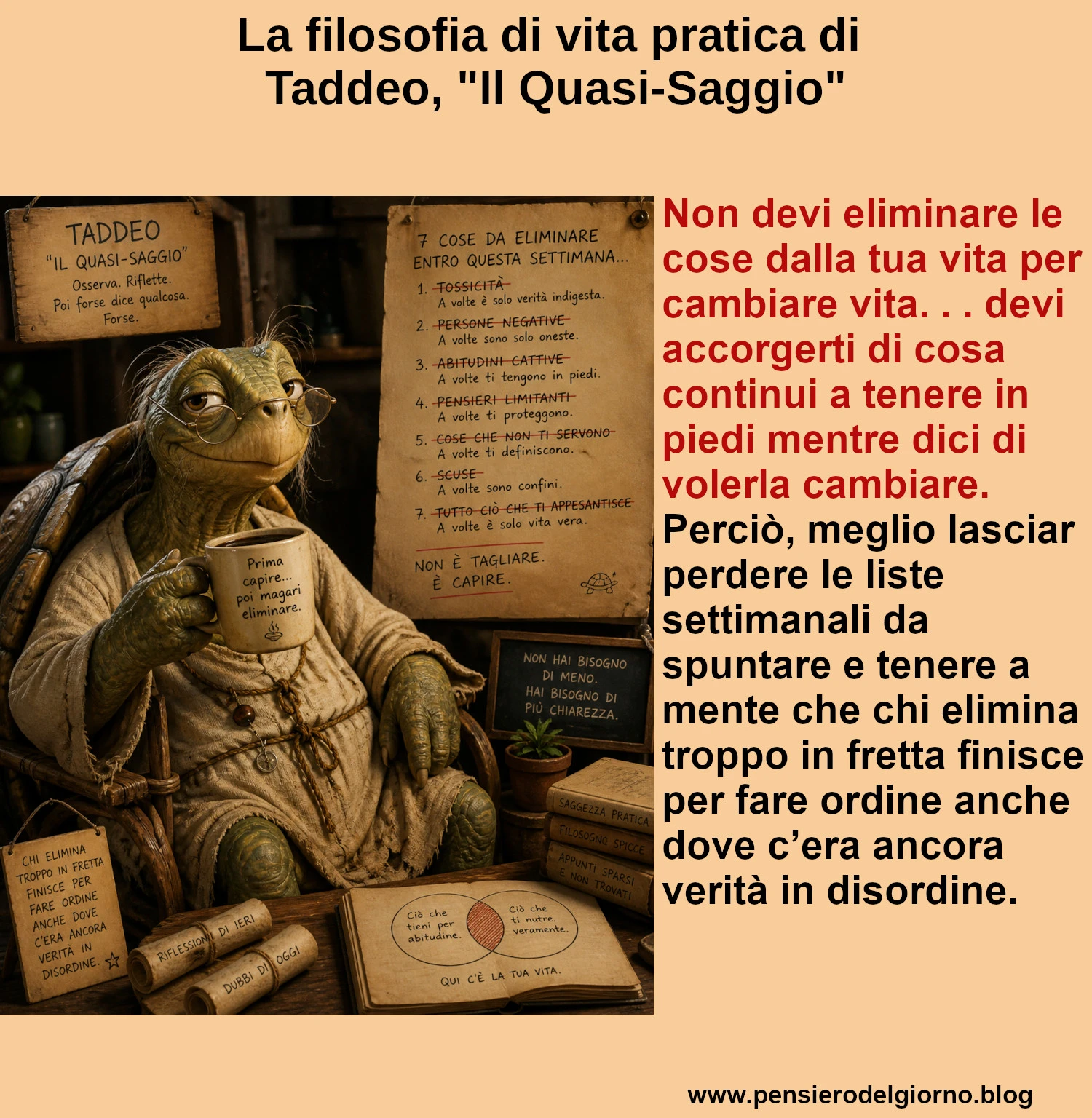 Frase del giorno immagine: Non-devi-eliminare-le-cose-dalla-tua-vita-cambiamento-anticoaching-saggezza-pratica-Taddeo-Il-Quasi-Saggio