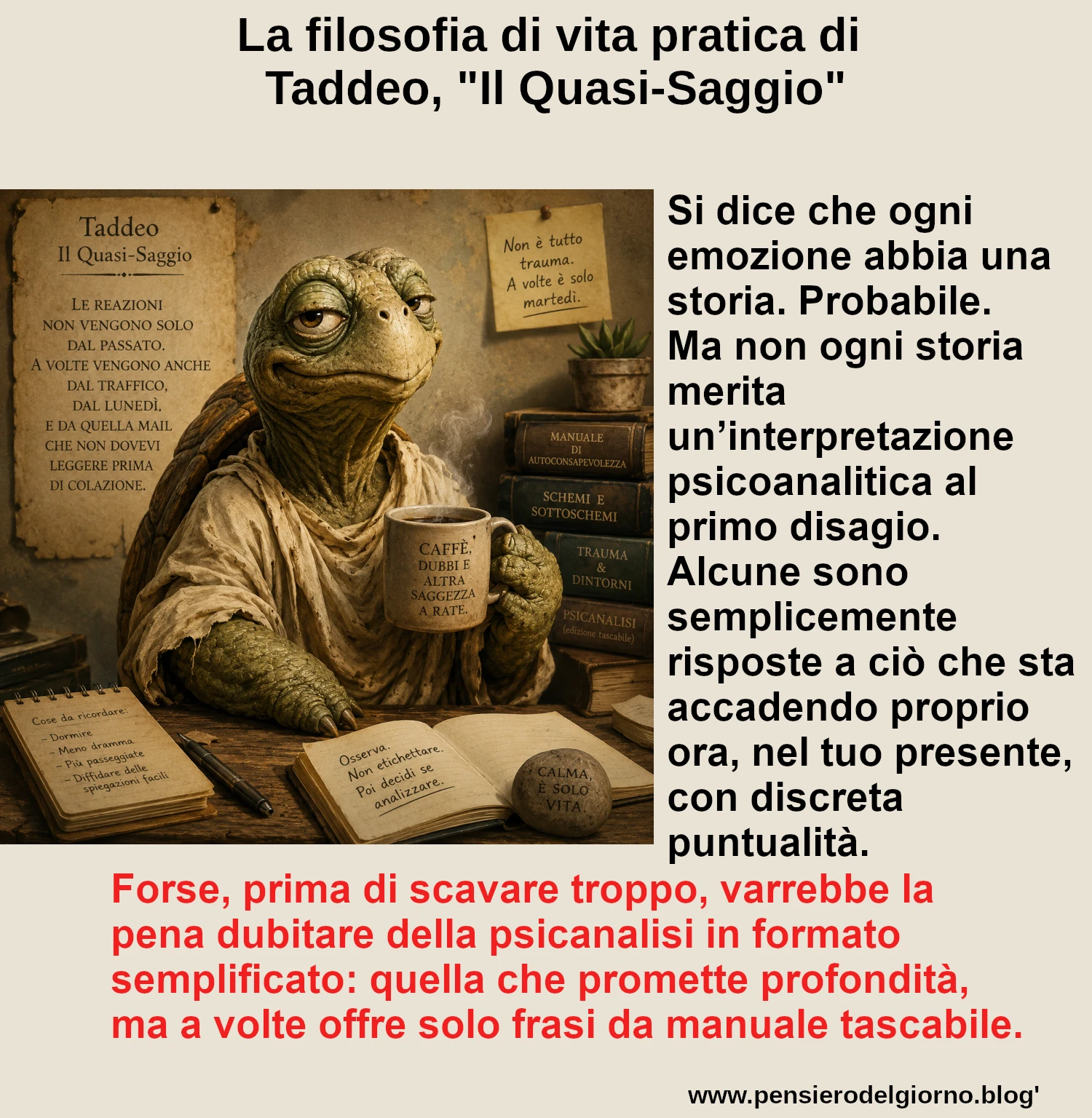 Frase del giorno immagine: Non-tutte-le-emozioni-hanno-bisogno-di-psicanalisi-fuffa-coach-Taddeo-Il-Quasi-Saggio