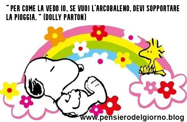 Frase con immagine Snoopy arcobaleno dopo pioggia