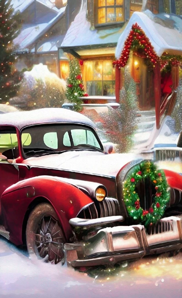 Auto rossa d'epoca con ghirlanda natalizia