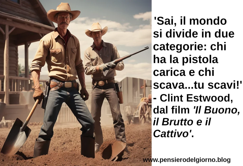 Citazione Sai, il mondo si divide in due categorie: chi ha la pistola carica e chi scava... tu scavi! Clint Estwood