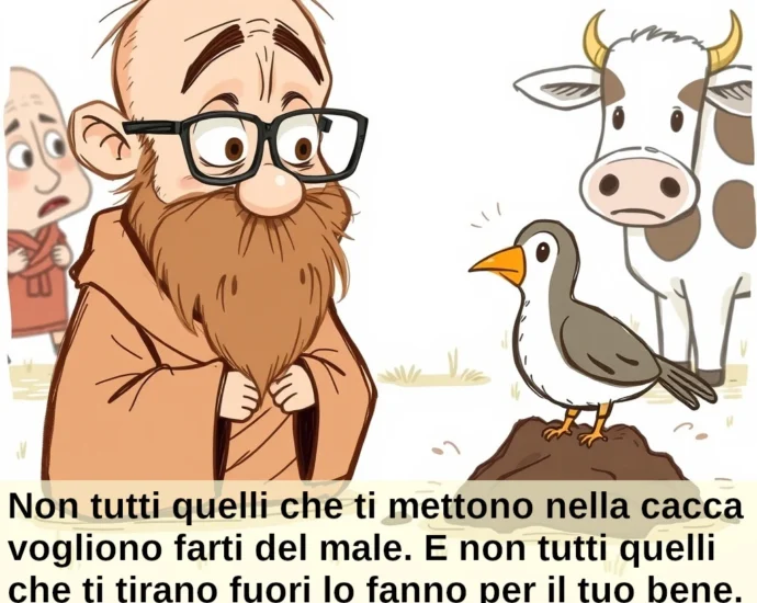 Favola storiella uccellino vacca, cacca e lupo con morale